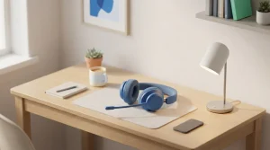 Kopfhörer mit Mikrofon auf einem Bürotisch neben einer Lampe