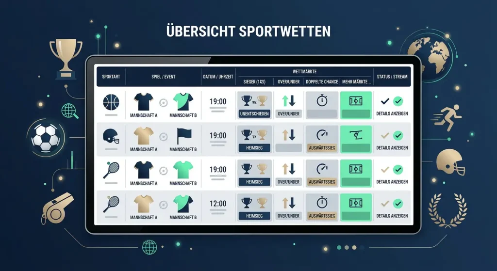 Sportereignisse in einer Listenansicht mit Marktbezeichnungen im Sportbereich von GrandPashaBet